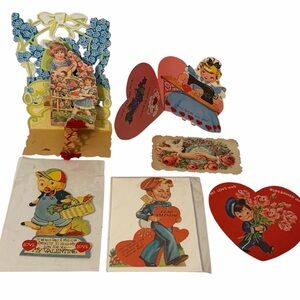 Vintage Valentine Greeting Card Lot Die Cut Pop Up USA Canada Germany 6pc Set